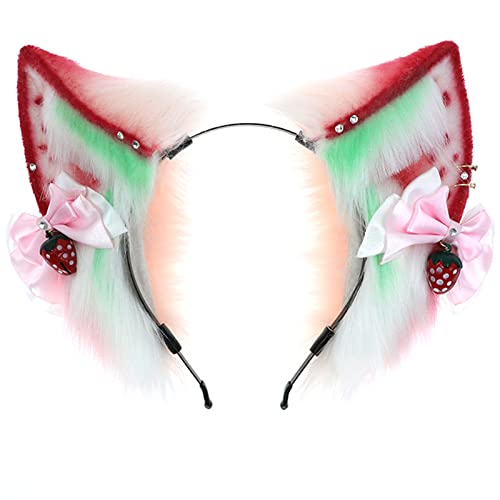 for Creative Simulation Animal Strawberry for Cat Ears Plush Headband with Bowknot Animal Headwear All Match for von XAGMODSHN