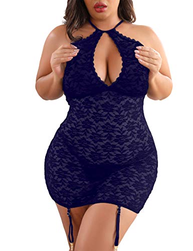 XAKALAKA Damen Neckholder Übergröße Spitze Dessous Schlüsselloch Mesh Stretch Babydoll Chemise mit Strumpfhaltern - Blau - X-Large von XAKALAKA