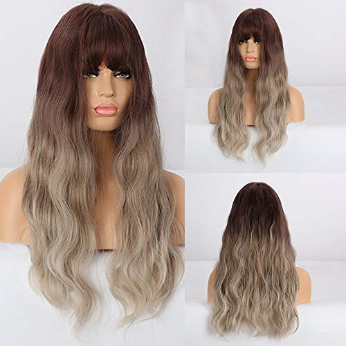 Frontalperücken, Synthetische Perücke, Natürliche Wellenperücke, Pony, Ombre, Schwarz, Beige, Grau, Perücke, Synthetisches Langes Haar, Hitzebeständiges Faserhaar Für Frauen, B, 16 Zoll (24 Zoll|A) von XAoSCd