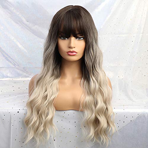 Frontalperücken, Synthetische Perücke, Natürliche Wellenperücke, Pony, Ombre, Schwarz, Beige, Grau, Perücke, Synthetisches Langes Haar, Hitzebeständiges Faserhaar Für Frauen, B, 16 Zoll (26 Zoll|B) von XAoSCd