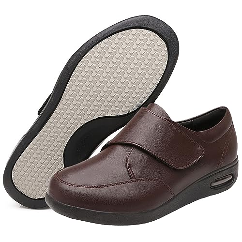 Herren-Schuhe Für Diabetische Ödeme, Erweiterte Weiten, Extra Breite Leder-Wanderschuhe, Verstellbarer Verschluss, Rutschfeste, Leichte Wanderschuhe Für Ältere, Geschwollene Füße (Braun, Herren, 12) von XAoSCd