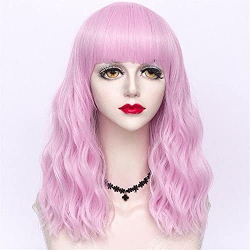 Perücke, 45 Cm, Für Halloween, Anime-Partys, Cosplay, Hitzebeständig, Mehrfarbig, Lockig, Mittellang, Kunsthaar + Kappe, Graue Perücken Für Frauen (Pink) von XAoSCd