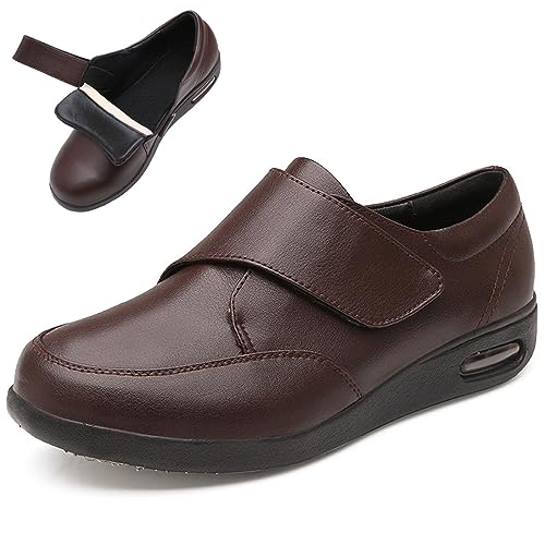 XAoSCd Diabetiker-Schuhe Für Herren, Breite Schuhe, Extra Breite Wanderschuhe Aus Leder Für Ödeme, Klettverschluss-Oxford-Schuhe Für Geschwollene Füße (Braun Herren 11) von XAoSCd