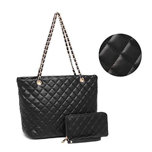 XB Tote Geldbörse und Handtaschen-Set für Damen, Leder, gesteppt, Schultertasche, Handgelenk, Geldbörse, Reißverschluss, 2-teiliges Geldbörsen-Set, schwarz, Medium von XB XIBANG