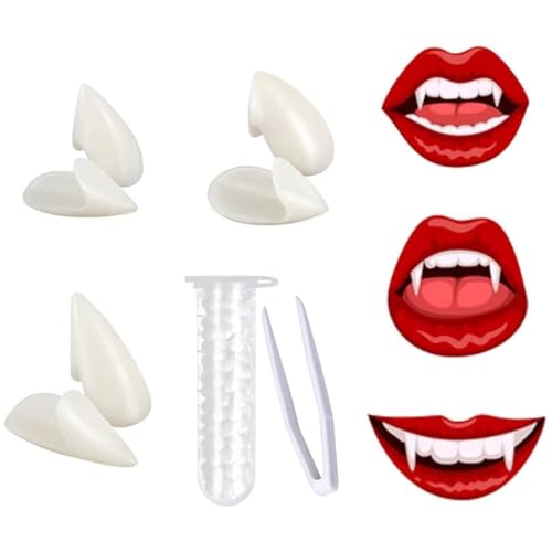 XBFOCNH 3 Paar Halloween Vampirzähne Gebiss Fangs,Gefälscht Zähne mit Pellets Kleber für Cosplay,Requisiten,Halloween, Dämon, Hexe von XBFOCNH