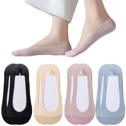 XBFOCNH 4 Paar Füßlinge Ballerina Socken Damen Atmungsaktiv Füsslinge, Unsichtbare Sneaker Socken No Show Rutschfeste Socken mit Siliconpad Kurze Socken Halbsocken von XBFOCNH