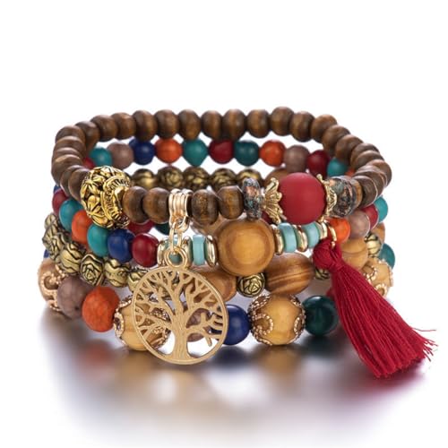 XBFOCNH 4 Stück Boho Armbänder Holzperlen Quaste Armband, Chakra Armband für Frauen, Natürliches Kristall heilsteine armband, Frauen Baum des Lebens Charm Statement Armreifen von XBFOCNH