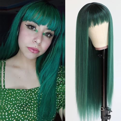 Lange, glatte Perücke mit Pony, 66 cm, seidig glattes Haar, bunte Kunsthaarperücke für Damen, für Cosplay, Alltag und Partys (Green) von XBHNISDH