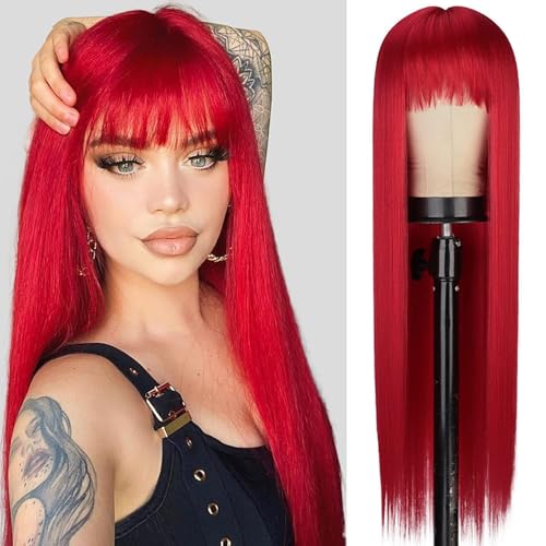 Lange, glatte Perücke mit Pony, 66 cm, seidig glattes Haar, bunte Kunsthaarperücke für Damen, für Cosplay, Alltag und Partys (Red) von XBHNISDH