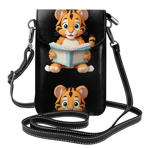 XBKGOHA Kleine Handy-Geldbörse, 19,3 x 12,4 cm, Little Tiger Is Reading Seriously Printing Leder Crossbody Flap Phone Case für Damen, perfekt für Spaziergänge, Camping von XBKGOHA