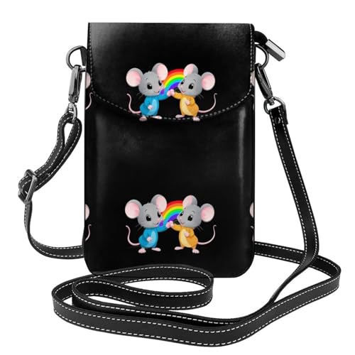 XBKGOHA Kleine Handy-Geldbörse, 19,3 x 12,4 cm, Mäuse, die Hände unter dem Regenbogendruck halten, Leder-Crossbody-Klappe, Handytasche für Damen, perfekt für Spaziergänge, Camping von XBKGOHA