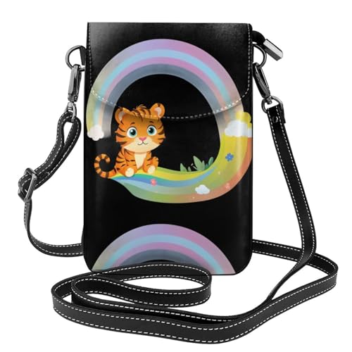 XBKGOHA Kleine Handy-Geldbörse, 19,3 x 12,4 cm, kleiner Tiger, sitzend auf einem Regenbogen-Druck, Leder-Crossbody-Klappe, Handytasche für Damen, perfekt für Spaziergänge, Camping von XBKGOHA
