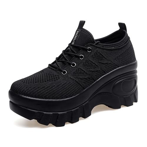 Damen Chunky Platform Comfort Orthopädische Wedge Walking Schuhe Mode Gestrickt Atmungsaktiv Schnürschuh Lug-Sohle Lässige rutschfeste Laufschuhe mit Fußgewölbeunterstützung, Schwarz, 39.5 EU von XBLDU