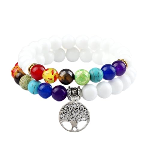 2pcs/set Weiße Frauen Männer 7 Chakra Armband & Armband Natursteinperlen Tibetische Buddhist Armband Baum des Lebens Energie Schmuck, Stil 8 von XBOW