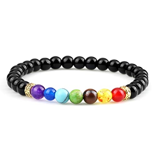 Armbänder mit 7 Chakra-Perlen aus Naturstein für Männer, Onyx-Buddha-Armbänder aus Tigerauge, Yoga-Energie-Schmuck für Frauen, Schwarz glänzend von XBOW