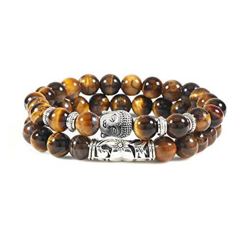 Buddha-Kopf-Armbänder für Herren, natürliches Tigerauge, schwarzer Lavastein, Armband, Damen, Yoga, Gebetsschmuck, 8 mm, Stil 7, 2 Stück von XBOW