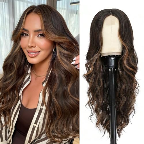 Schokoladenbraune Highlight-Perücken für Damen, synthetische Perücken mit braunem Highlights, gewellte Perücke mit Mittelscheitel, 66 cm lang Schokoladenbraune Highlight-Perücken für Damen, synthetische Perücken mit braunem Highlights, gewellte Perücke mit Mittelscheitel, 66 cm lang von XCHJH