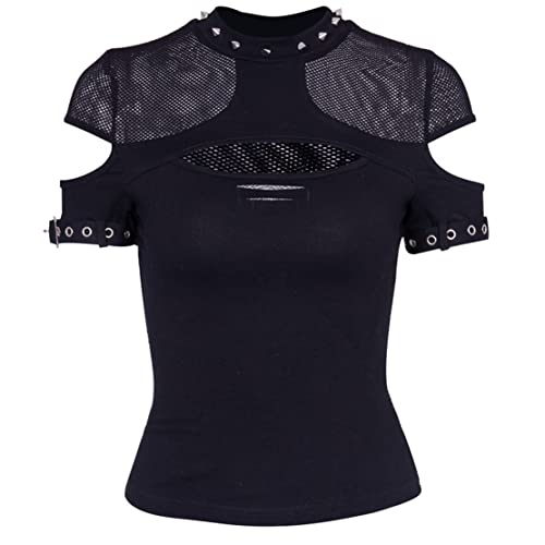 Damen Gothic Crop Tops Kurzarm Punk Gothic Fairy Grunge Rundhals Hollow Out T-Shirt Streetwear Workout Tees Emo Outfits, Durchsichtiges Mesh-Patchwork-Tanktop, Klein von XCJIKUKE