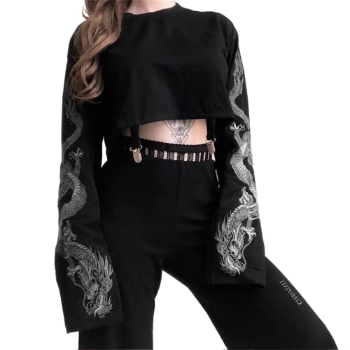Damen Gothic Crop Tops Punk Shirts Steampunk Y2k Langarm Hexe Kostüm Bluse Alt Schwarz Rave Top Emo Outfits, Punk Shirts für Damen, Klein von XCJIKUKE