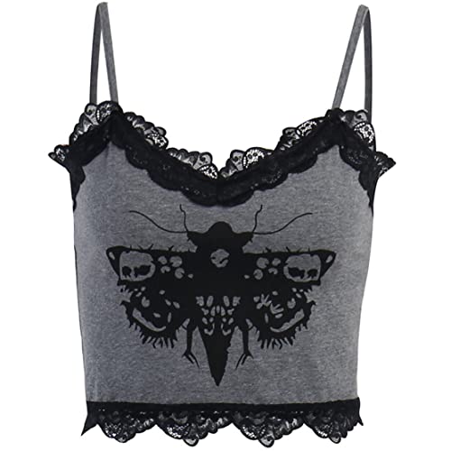 XCJIKUKE Damen Gothic Crop Top Goth Grunge Spitze Tank Tops Punk Y2k Cami Alt Shirts Streetwear Casual Camisole, Grau 1, Klein von XCJIKUKE