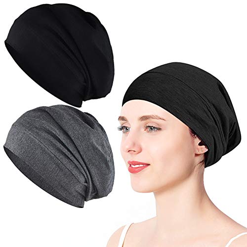 2 Stück Elastic Weiche Beanie Herren Damen, XCOZU Grau und Schwarz Kopfbedeckung Chemo Mütze, Atmungsaktiv Mütze für Frauen Hut Slouch Nachtmütze Schlaf Sommer Sport von XCOZU