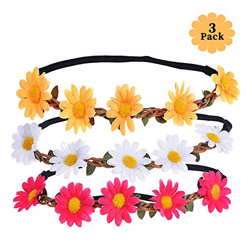 XCOZU Blumenkranz Haare, 3 Daisy Blumen Stirnband Haarband Hochzeit Haarkranz Krone, Haarband Blumen mit Justierbaren Elastischen Band Damen Mädchen für Party Strand Haarreif Blumen Kopfschmuck von XCOZU