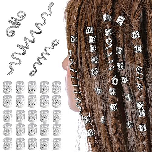 XCSJ 28 Stück Dreadlocks Schmuck Haarspiralen Clips Verstellbar Metall Cuffs Haar Flecht Perlen Dreadlocks Perlen Haarschmuck Braids Haar Dreadlocks Zubehör Für Frauen Männer Zöpfe Dekoration (Silber) von XCSJ