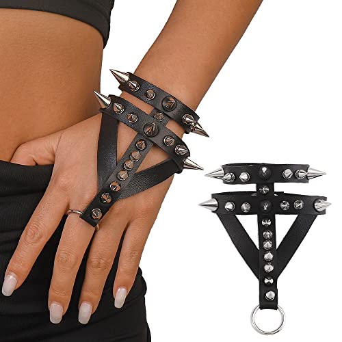 XCSJ Punk Gothic Stil Ring Armband Einstellbar Persönlichkeit Schmuck mit Kette und Nieten aus PU Leder Gothic Rock Punk Cosplay Armband für Halloween Bühne Requisiten Kostüm Zubehör (schwarz, 1pcs) von XCSJ