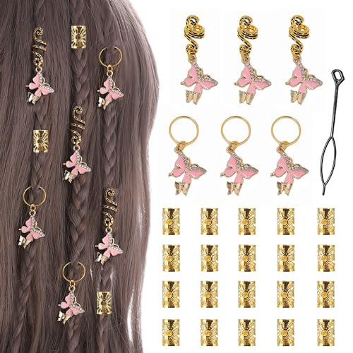 XCSJ 27Pcs Hair Dreadlocks Schmuck Gold Braids Schmuck Schmetterling Verstellbar Metall Cuffs Dreadlock Ringe Haarspiralen Dreadlock Schmetterling Haarschmuck für Mädchen, Damen, Frauen (A) von XCSJ