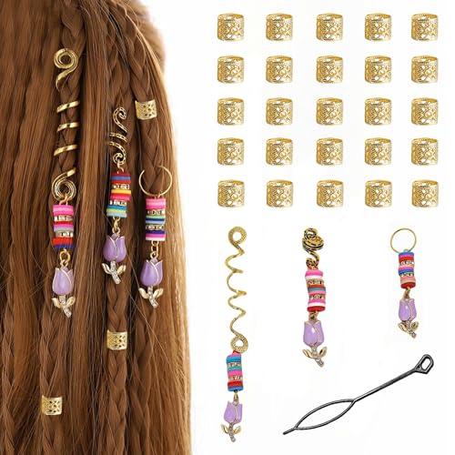 XCSJ 29 Pcs Hair Dreadlocks Schmuck Gold Braids Schmuck Floral Verstellbar Metall Cuffs Metal Cuffs Haarspiralen Dreadlock Perlen Clips Dreadlock Ringe Blume Haarschmuck für Mädchen, Damen, Frauen (A) von XCSJ