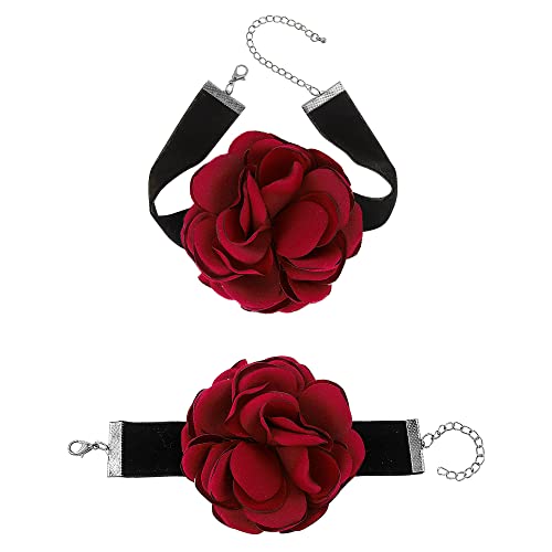 XCSJ 2pcs Elegant Rose Choker Armband Set Verstellbarer Choker Schwarz Pu Leder Gothic Choker Gothic Halskette Mit Armband Für Frauen,Mädchen,Tanzen, Party,Hochzeiten,Masquerade (Schwarz+Rot) von XCSJ