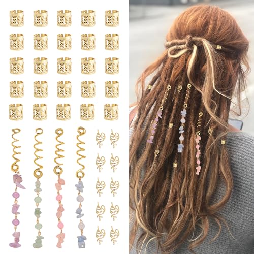 XCSJ 34 Pcs Dreadlocks Perlen Metall Hair Dreadlocks Schmuck Gold Haarschmuck Damen Verstellbar Haare Metall Cuffs Haarspiralen Clips Perlen Flechtet Hair Accessories für Mädchen, Damen (Gold) von XCSJ