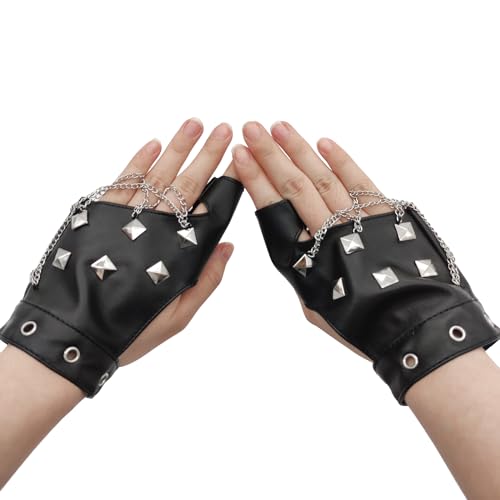 XCSJ Punk Handschuhe Fingerlos Mit Nieten,Pu Leder Aushöhlen Fingerlose Handschuhe Punk Accessoires Halb Steampunk Finger für Halloween, Karneval, Party, Cosplay (schwarz 2, 14.5 * 10cm) von XCSJ