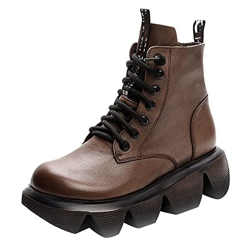 XCVFBVG Damenstiefel Genuine Leather Ankle Boots Women Non Slip Side Zip Round Toe Motorcycle Booties Lady Lace Up Shoes Yellow Brown(Size:37 EU) von XCVFBVG