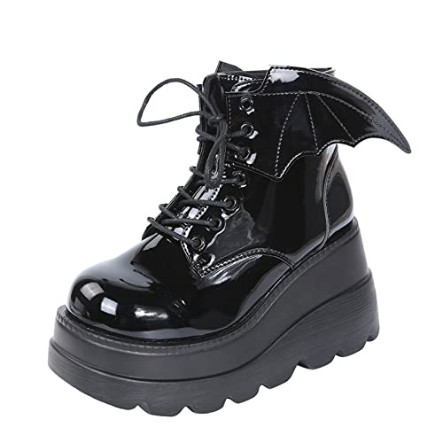 XCVFBVG Damenstiefel Gothic Fashion Cosplay Women Boots Punk Street Cool Black Wings Platform Wedge Heel Lace Up Woman Shoes(Color:Matte,Size:35 EU) von XCVFBVG