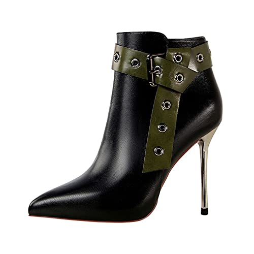 XCVFBVG Damenstiefel Schuhe Gürtelschnalle Frauen Knöchelstiefel Lederschuhe High-Heel Stiefel Stiletto Spitz Kurzstiefel Plüsch Winterstiefel(Color:Black,Size:CN size-37) von XCVFBVG