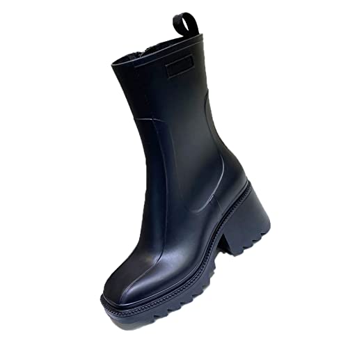 XCVFBVG Damenstiefel Square Toe Platform Rubber Rain Boots All Season Woman Side Zipper Thick Heel Ankle Boots All-match Shoes(Color:Black,Size:36 EU) von XCVFBVG