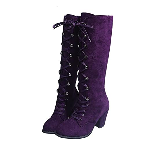 XCVFBVG Damenstiefel Winter Autumn Woman Knee High Boots Woman Purple Boots Lace Up Fashion Sweet Woman Boots Daily Footwear Square Heel Boots(Size:41) von XCVFBVG
