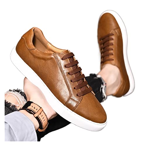 XCVFBVG Herren Lederschuhe Genuine Leather Brown Sport Shoes Breathable Casual Shoes Round Toes Board Shoes Style Men Shoes Sneakers Men(Color:Bruin,Size:39 EU) von XCVFBVG