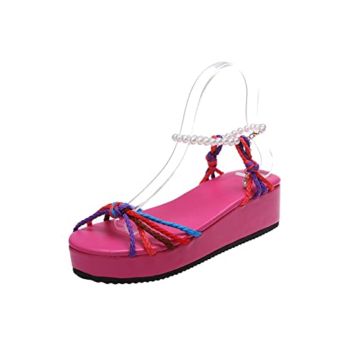 XCVFBVG Modische Sandalen für Damen Keile Sandalen Frauen Sommer gemischte Farbe Damen Schuhe Schulen String Perlen weibliche Sandalen Frau Sandalen Sandalen(Color:D,Size:38) von XCVFBVG