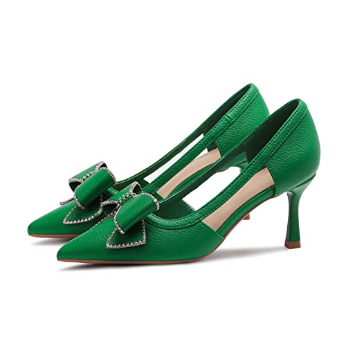 XCVFBVG-Pumpen Pointed Toe Strap Bow High Heels Leather Sexy Thin High Heels Party Shoes for Women(Color:Green,Size:34 EU) von XCVFBVG