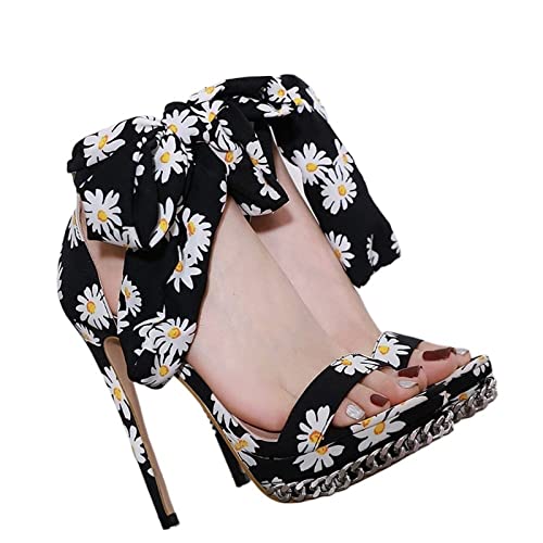 XCVFBVG-Pumpen Printed Ribbon Bowtie Stilettos Metal Chain Platform High Heel Slingback Shoes Pumps Plus(Size:36 EU) von XCVFBVG