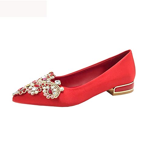 XCVFBVG-Pumpen Red Satin Silk Chinese Wedding Shoes Square Low Heel Bridal High Heel Shoes Luxury Rhinestone Buckle High(Size:41 EU) von XCVFBVG