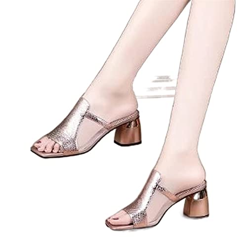 XCVFBVG-Pumpen Summer Slippers Women's Thick Heels Heels Square Toe Open Toe Soft Leather Outer Wear High Heels Women(Color:Gold,Size:37 EU) von XCVFBVG