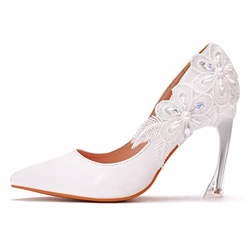 XCVFBVG-Pumpen White lace lace high-Heeled Shoes Bride Women's high-Heeled Shoes Wedding Women's Dress Elegant Wedding Shoes(Size:39 EU) von XCVFBVG