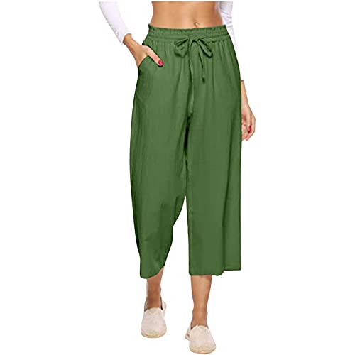 Damen Culotte Hosen Casual Baumwolle Leinenhose High Waist Sommerhose 3/4 Lang Strandhose Einfarbig Weites Bein Hosen mit Taschen Jogginghose Sporthose für Frauensommerhosen damen leicht und luftig von XCXC