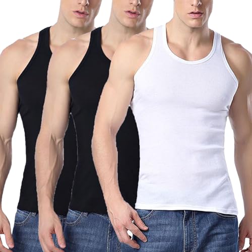 XCXC 2/3er Pack Herren Tank Top Unterhemd mit Rundhals Ausschnitt Männer Schwarz Weiß Grau Classic ärmellose T-Shirts Hemd Herren Atmungsaktiv Shirts ohne Arm Tanktop Set für Freizeit & Sport von XCXC