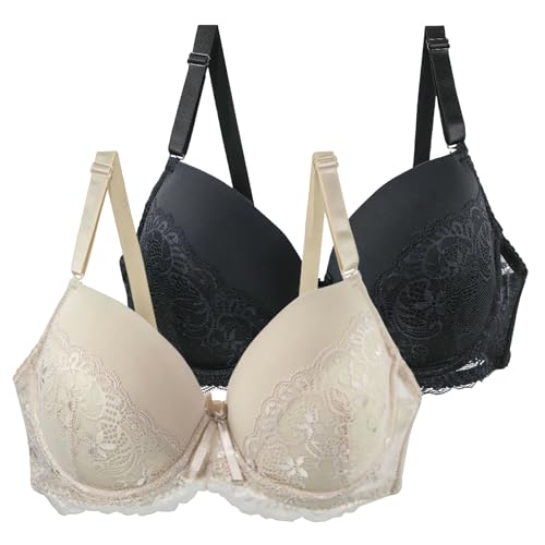 XCXC 2er-Pack Damen BH ohne Bügel Frauen Große Größen Push-Up Spitzen-BH Leicht Bequemes Klassische BHS mit Verstellbaren Trägern, Anti-Sagging BH Set für Alltag und Freizeit von XCXC