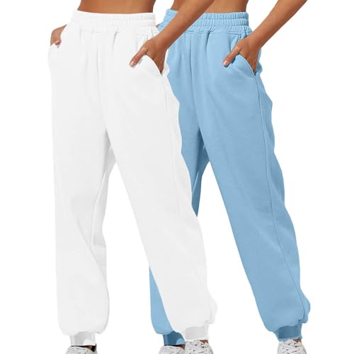 XCXC 2er-Pack Damen Jogginghose mit Cinch-Bottom und Taschen Frauen Einfarbiger Trainingsanzug Baggy Hose mit elastischer Taille für Lässiges Hip-Hop, Fitnessstudio und Joggen von XCXC