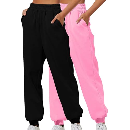 XCXC 2er-Pack Damen Jogginghose mit Cinch-Bottom und Taschen Frauen Einfarbiger Trainingsanzug Baggy Hose mit elastischer Taille für Lässiges Hip-Hop, Fitnessstudio und Joggen von XCXC